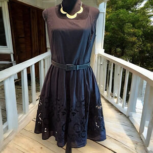 PETER NYGARD black cotton Fit and Flare Sleeveless‎ dress 8p Eyelet Cutout